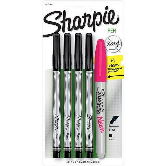 Sharpie Pens, Fine Point (0.8mm), Black, 4 Count Plus 1 Bonus Neon Marker