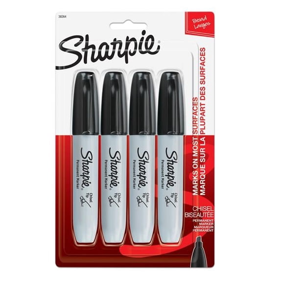 Sharpie Chisel Tip Permanent Marker, Black, 4 Per Pack, 3 Packs