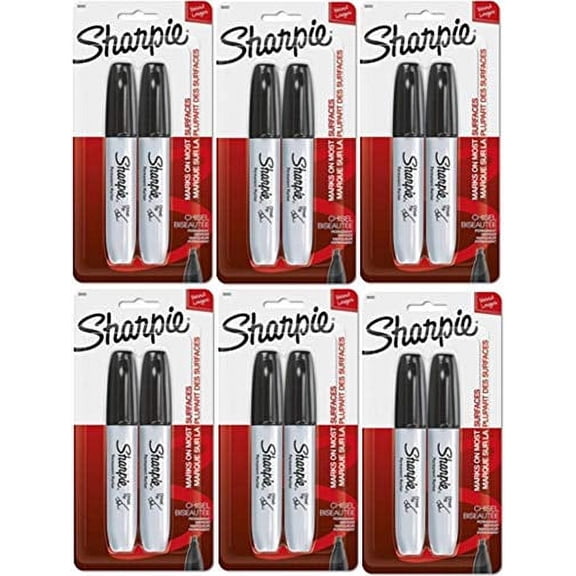 Sharpie Chisel Tip Permanent Markers, Black, 6 Blister Pack with 2 Markers each for a Total of 12 Markers (38262PP)