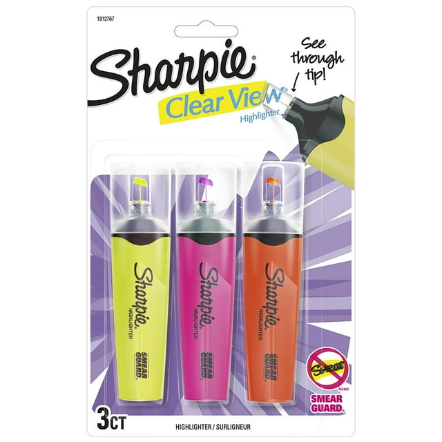 Sharpie Clear View Highlighters, 3Pack, Yellow, Pink and Orange