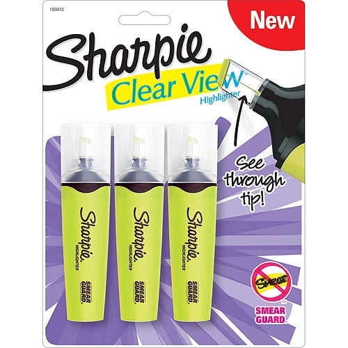 Sharpie Clear View Highlighters, Chisel Tip, Fluorescent Yellow, 3 Pack