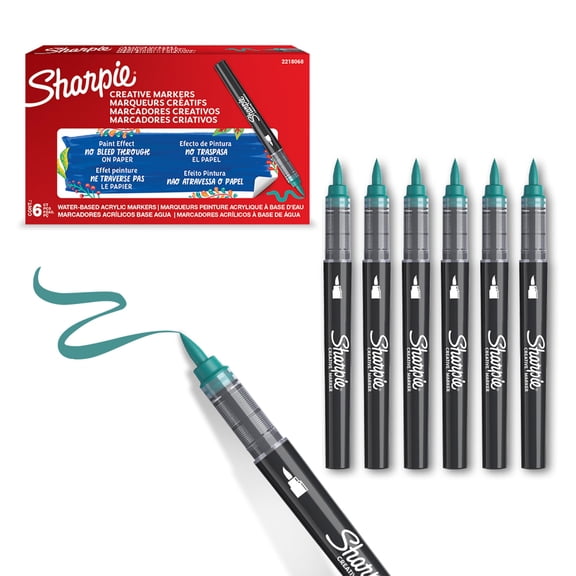Sharpie Creative Marker Acrylic Paint Pens | Brush Tip Water-Based Paint Markers | Emerald Green | No-Bleed Ink Writes on Most Surfaces | Crafting & Art Supplies | 6 Count