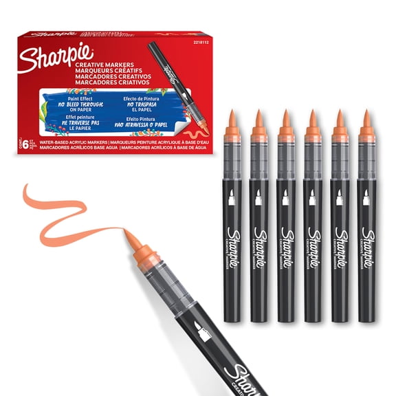 Sharpie Creative Marker Acrylic Paint Pens | Brush Tip Water-Based Paint Markers | Orange | No-Bleed Ink Writes on Most Surfaces | Crafting & Art Supplies | 6 Count