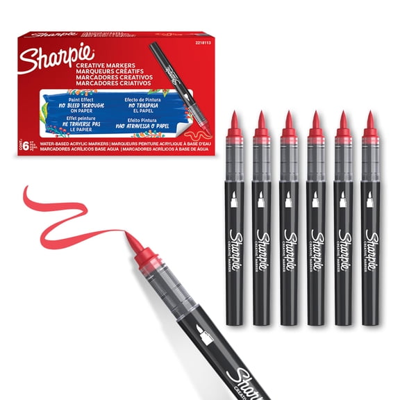 Sharpie Creative Marker Acrylic Paint Pens | Brush Tip Water-Based Paint Markers | Red | No-Bleed Ink Writes on Most Surfaces | Crafting & Art Supplies | 6 Count