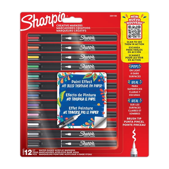 Sharpie Creative Marker Acrylic Paint Pens | Brush-TipWater-Based Paint Markers | No-Bleed Ink Writes on Most Surfaces | Crafting & Art Supplies | Assorted Colours | 12 Count