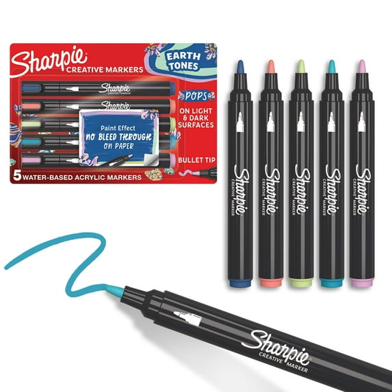 Sharpie Creative Markers, Earth Tones, Water-Based Acrylic Markers, Bullet Tip, Assorted Colors, 5 Count