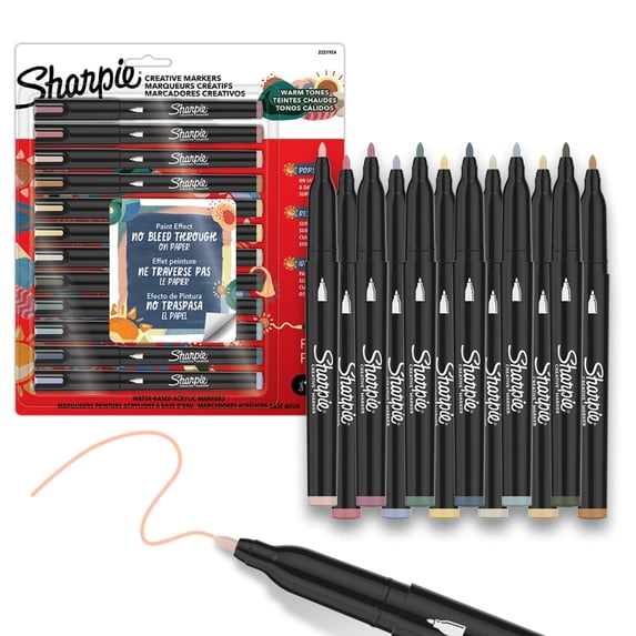 Sharpie Creative Markers, Warm Tones, Water-Based Acrylic Markers, Fine Tip, Assorted Colors, 12 Count