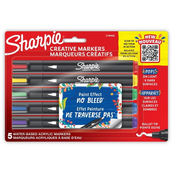 Sharpie Creative Water-Based Acrylic Markers, Bullet Tip, Assorted Colors, Pack Of 5 Markers