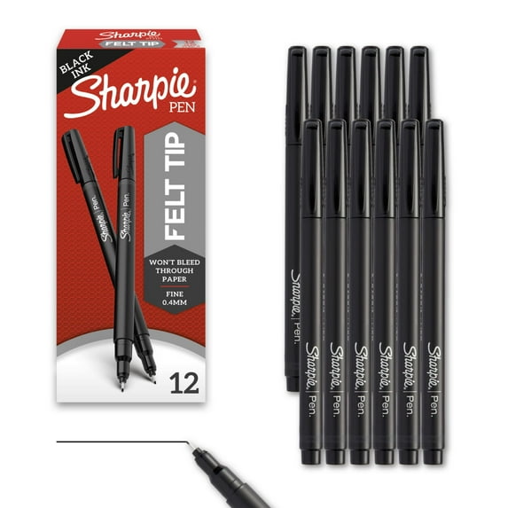 Sharpie Felt Tip Pens, Fine Point (0.4mm), Black, 12 Count