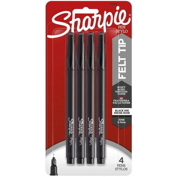 Sharpie Fine-Point Pens, Fine Point, 0.8 mm, Black Barrels, Black Ink, Pack Of 4