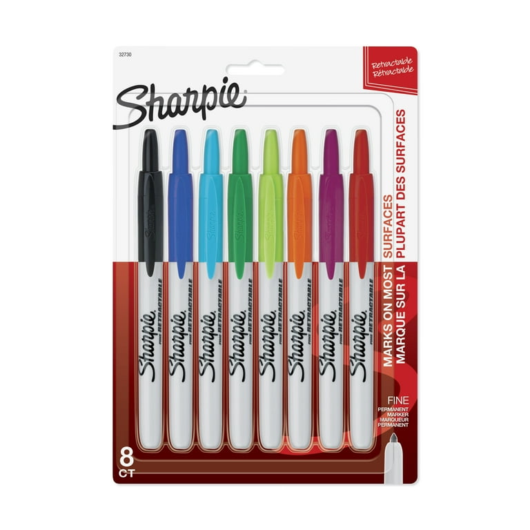 Retractable Permanent Marker, Fine Bullet Tip, Assorted Colors, 8/Set