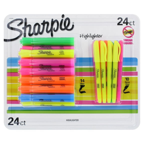 Sharpie Highlighters, Chisel and Narrow Chisel Tips, Assorted Colors, 24-Count