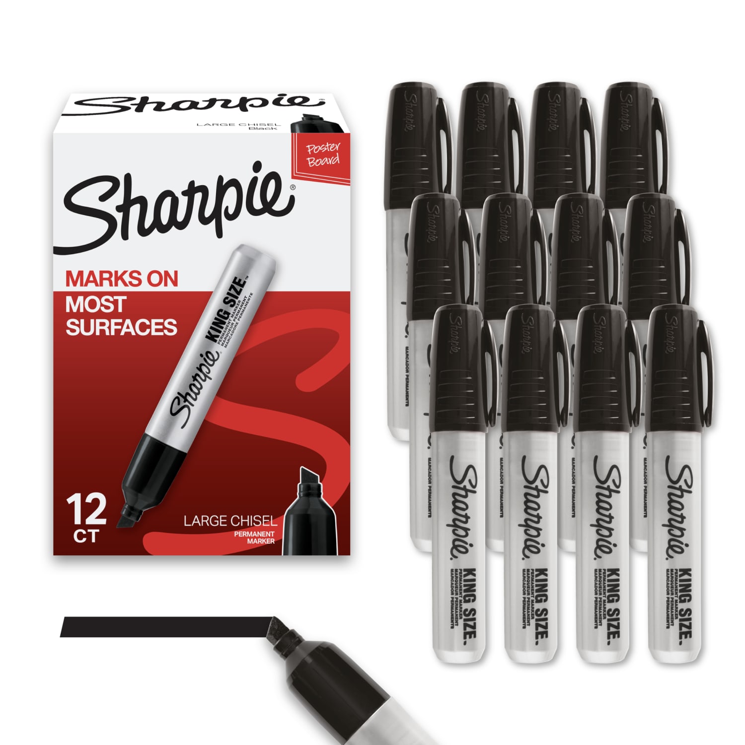 Marcadores permanentes Sharpie King Size | Punta biselada grande, ideal para carteles, negro, 12 piezas