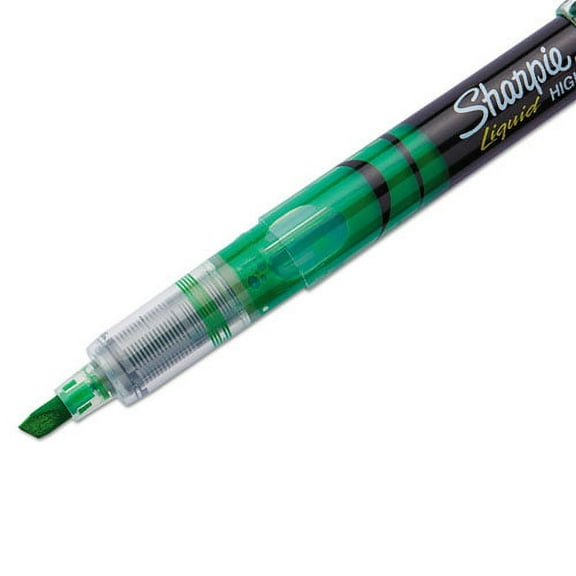 1PK Liquid Pen Style Highlighters, Fluorescent Green Ink, Chisel Tip, Green/Black/Clear Barrel, Dozen