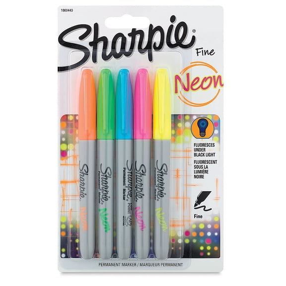 Sharpie Neon Permanent Markers, Fine Point, Assorted, 5 Count