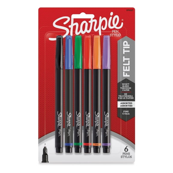 Sharpie Pens, Felt Tip Pens, Fine Point (0.4mm), Assorted Colors, 6 Count