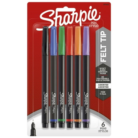Sharpie Pens, Felt Tip Pens, Fine Point (0.4mm), Assorted Colors, 6 Count