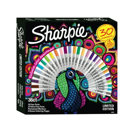 Sharpie Permanent Marker Limited Edition Set, Exclusive Color Assortment, plus 6 Bonus Coloring Sheets, 36 Count