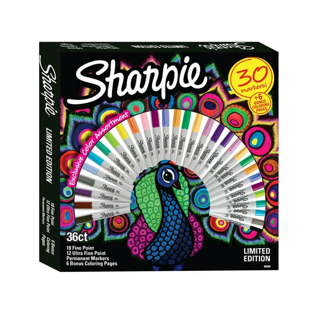 Sharpie Permanent Marker Limited Edition Set, Exclusive Color Assortment, plus 6 Bonus Coloring Sheets, 36 Count