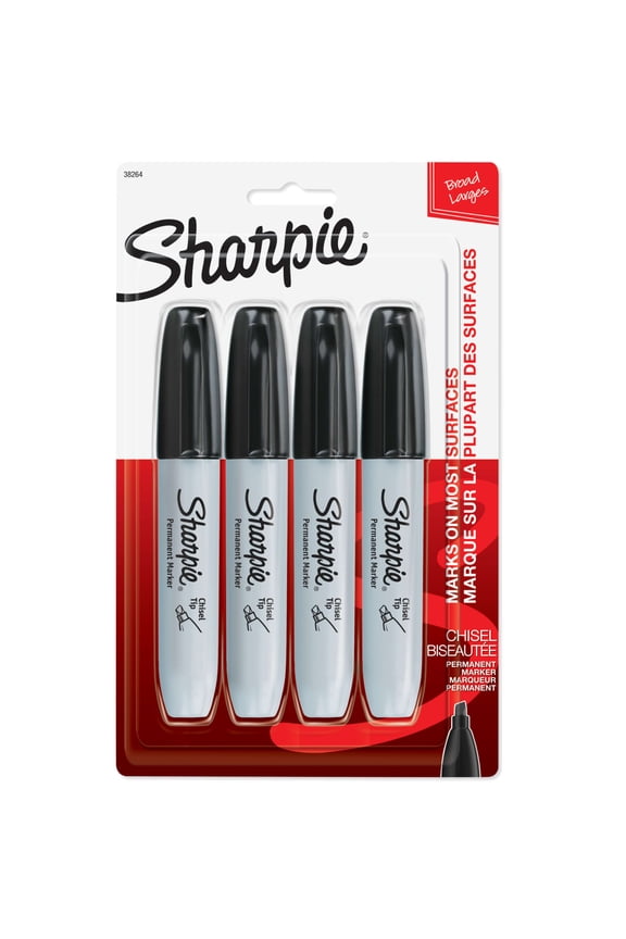 Permanent Markers, Chisel Tip, Black, 4 Count