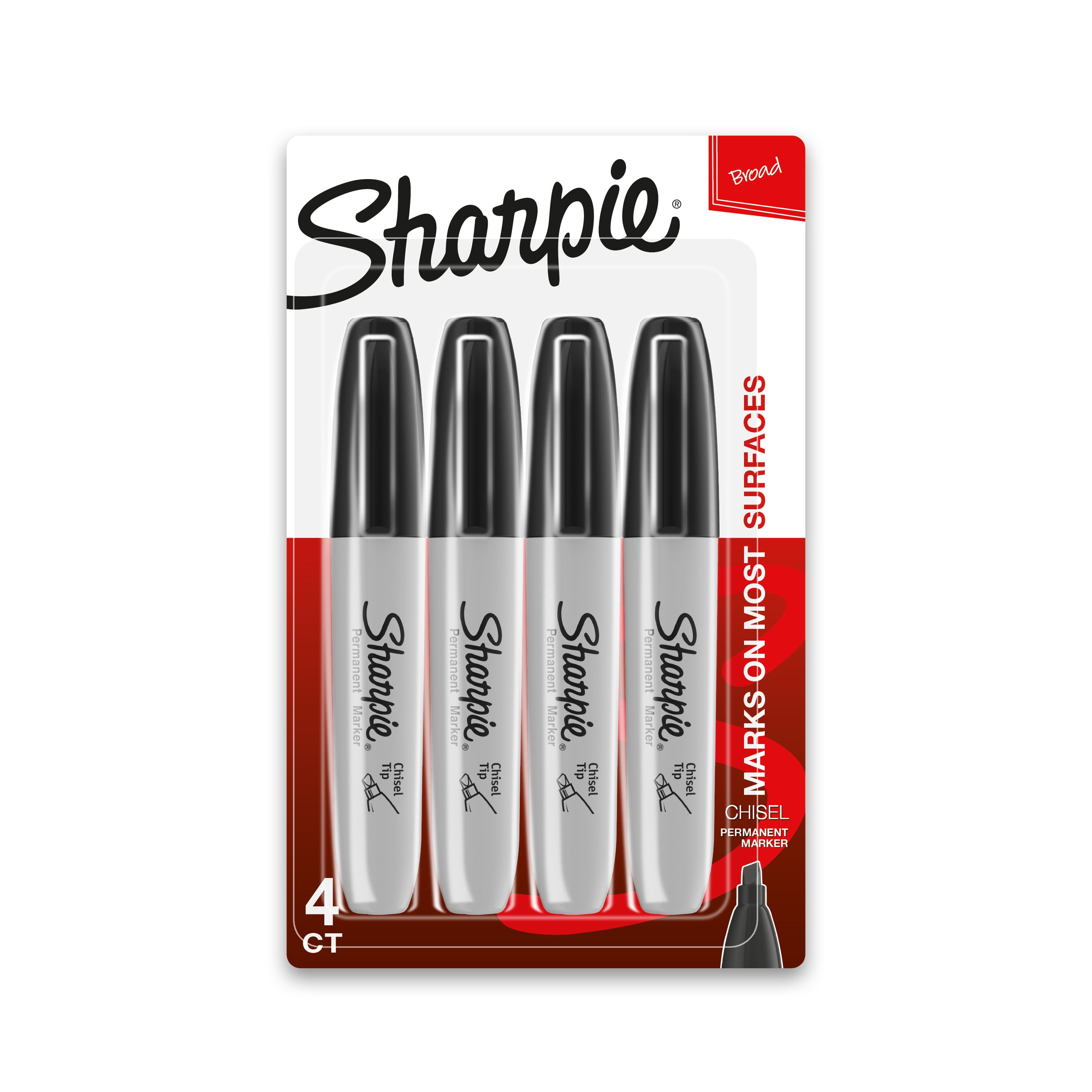 Sharpie Permanent Markers, Chisel Tip, Black Ink, Pack Of 4 Markers