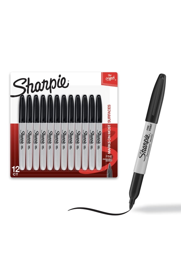 Permanent Markers, Fine Point, Black, 12 Count