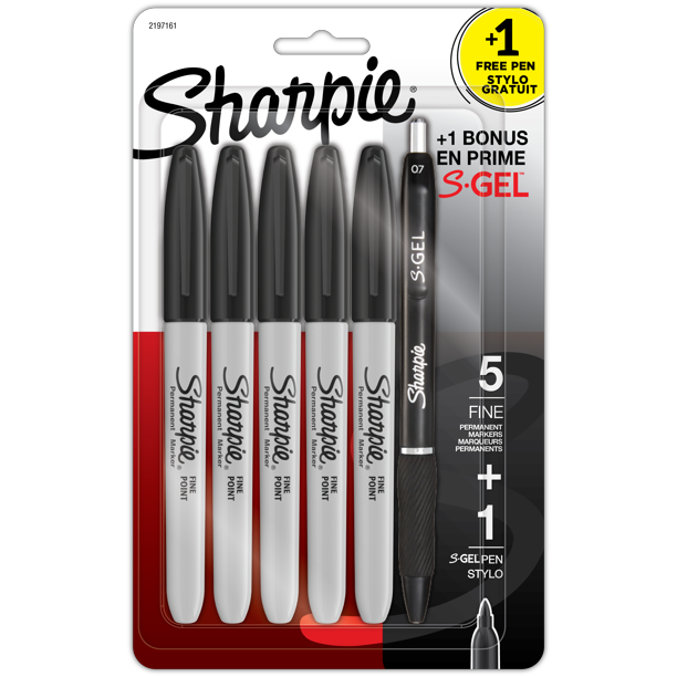 Sharpie Permanent Markers, Fine Point, Black, 5 Count, Includes 1 Bonus