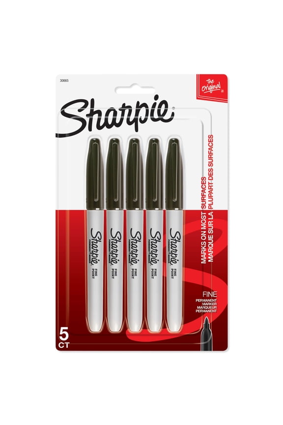 Permanent Markers, Fine Point, Black, 5 Count