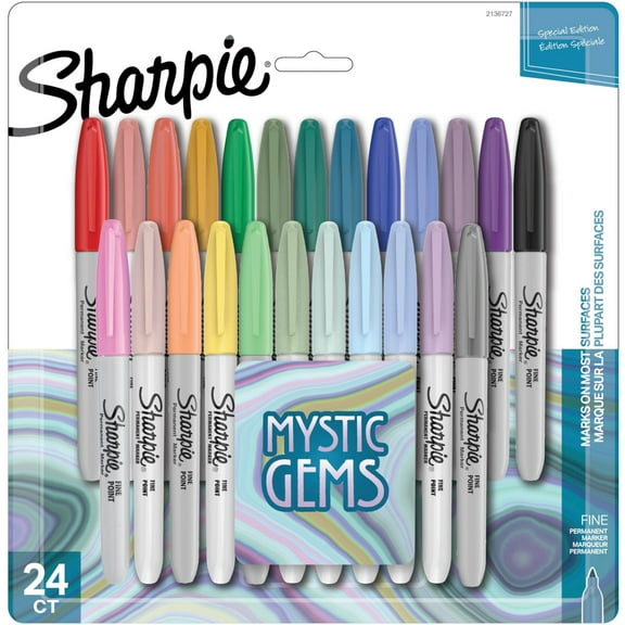 Sharpie Permanent Markers, Fine Point, Featuring Mystic Gem Color Markers, Assorted, 24 Count