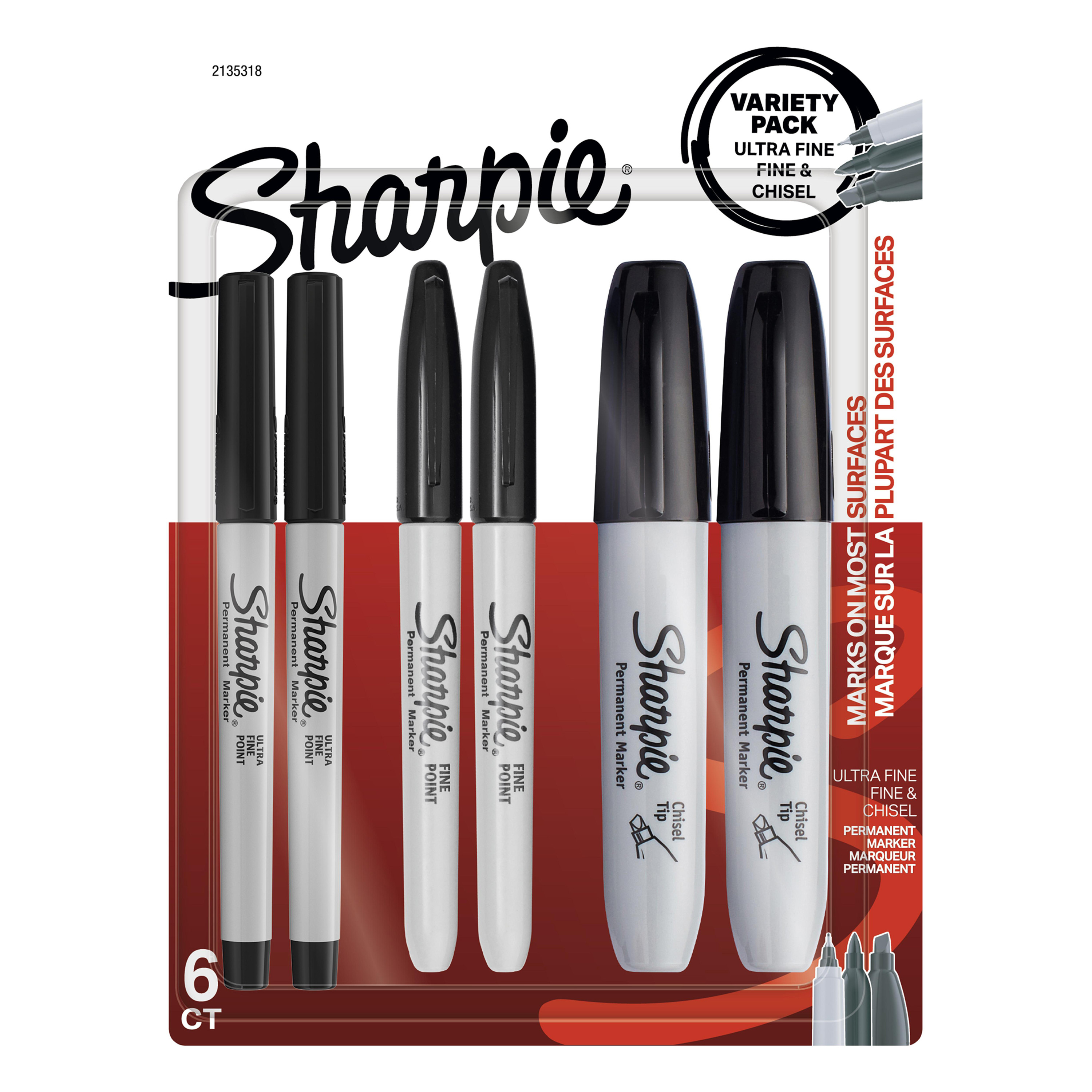 Sharpie Permanent Markers, Multi-Tip Pack, Fine/Ultra Fine/Chisel Tip, Black, 6 Count - image 1 of 6