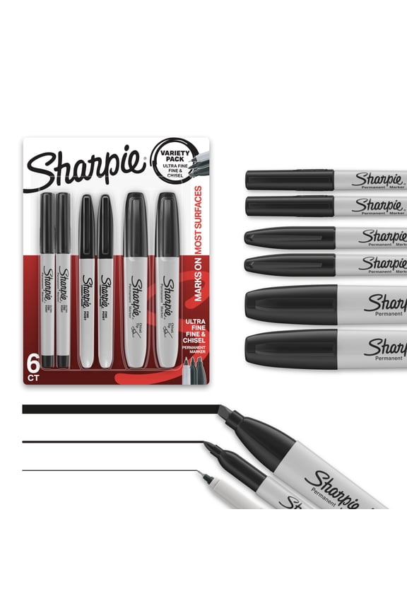 Permanent Markers, Multi-Tip Pack, Fine/Ultra Fine/Chisel Tip, Black, 6 Count