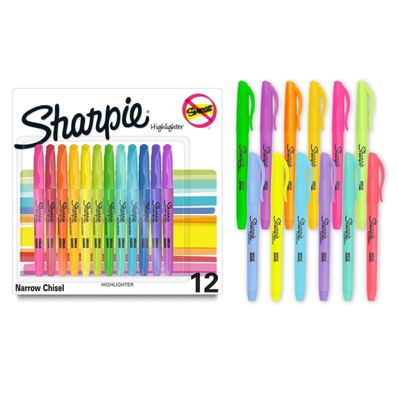 Sharpie Pocket Highlighters, Assorted, Chisel Tip, 12 Count