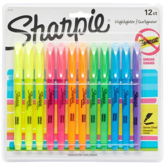 Sharpie Pocket Highlighters, Chisel Tip, Fluorescent Colors, 12 Count