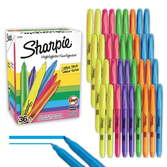 Sharpie Pocket Highlighters, Narrow Chisel Tip, 6 Assorted Fluorescent Colors, Value Pack, 36 Count