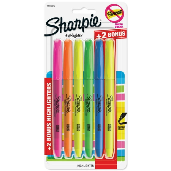 Sharpie Pocket Style Highlighters, Chisel Tip, Assorted Colors, Includes 2 Bonus Highlighters, 6 Count
