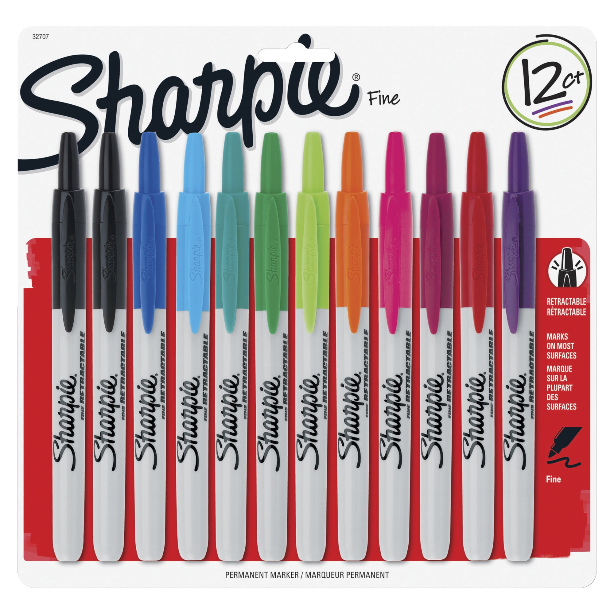 Sharpie Retractable Fine Tip Permanent Markers, Assorted Colors, 12 Count 
