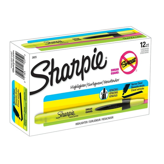 Sharpie Retractable Highlighter Chisel Tip Yellow Pack of 12 (SAN28025-12)