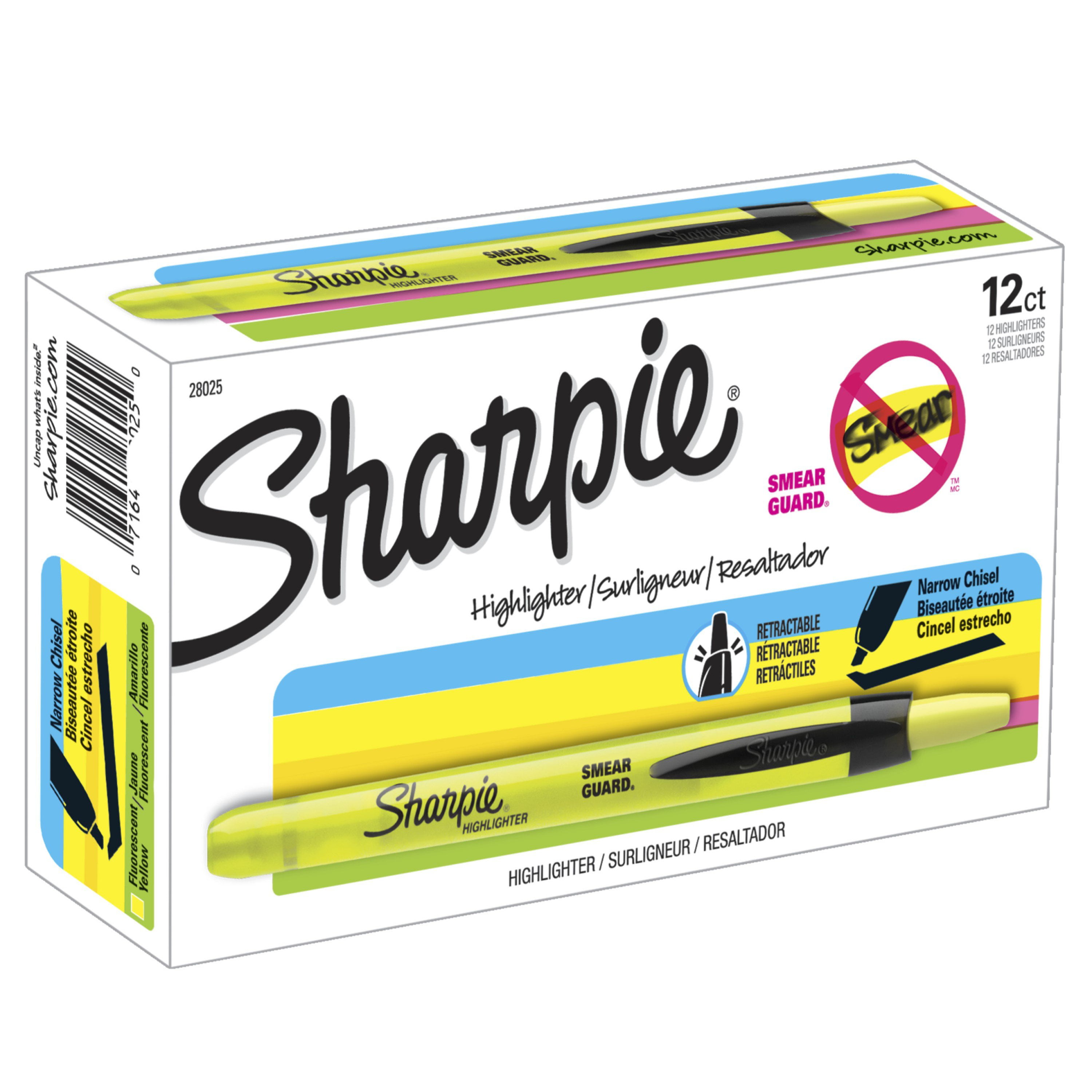 Sharpie Retractable Highlighters, Chisel Tip, Fluorescent Yellow, 12