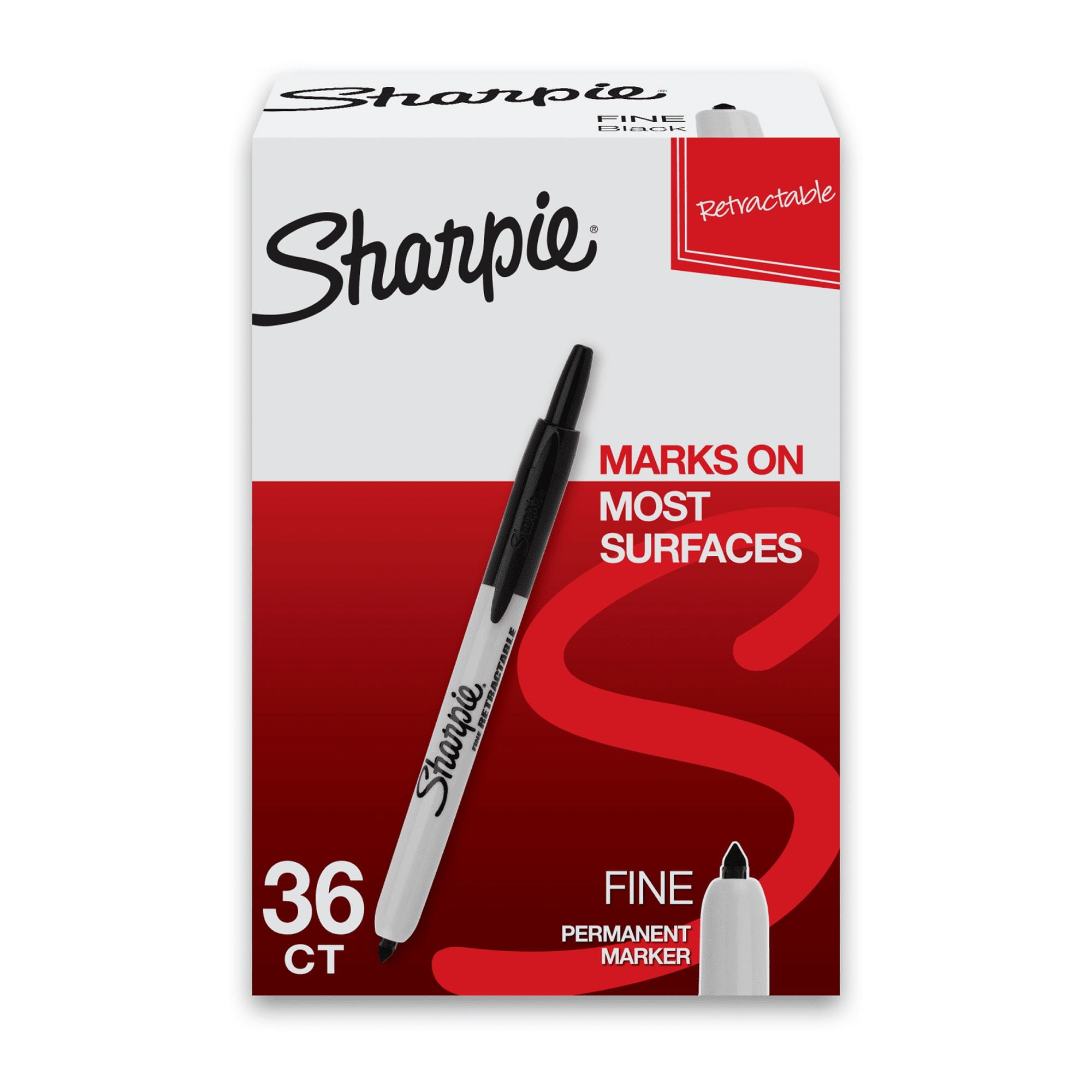 Sharpie Retractable Permanent Markers, Fine Point, Black Ink, Pack Of 36