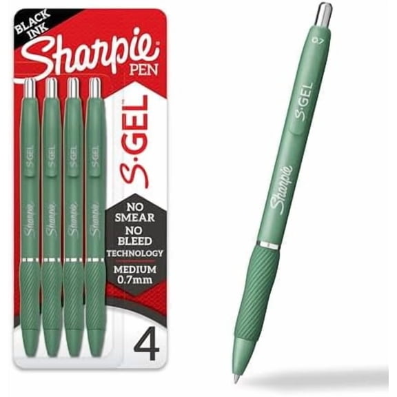 Sharpie S-Gel Gel Pens, Green Barrel, Black Ink, Medium Point (0.7mm), 4 Count - For Home, Office, College, Journaling, Drawing, Note-Taking, Writing