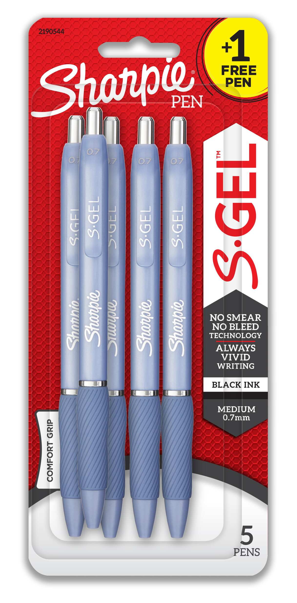 Sharpie S-Gel, Gel Pens, Medium Point 0.7 mm, Black Gel Ink Pens, Blue Barrel, 4 + 1 Bonus, 5 Count