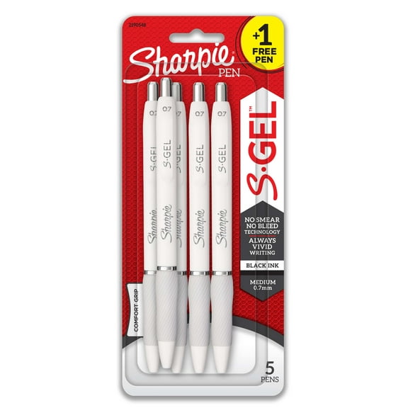 Sharpie S-Gel, Gel Pens, Medium Point (0.7 mm), Black Gel Ink Pens, White Barrel, 4 + 1 Bonus, 5 Count