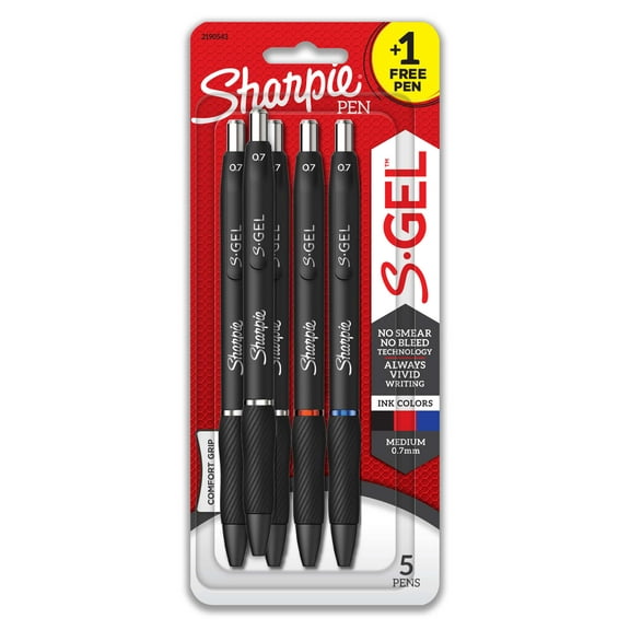 Sharpie S-Gel Gel Pens, Medium Point, 0.7mm, Assorted Ink Colors, 4 + 1 Bonus, 5 Count
