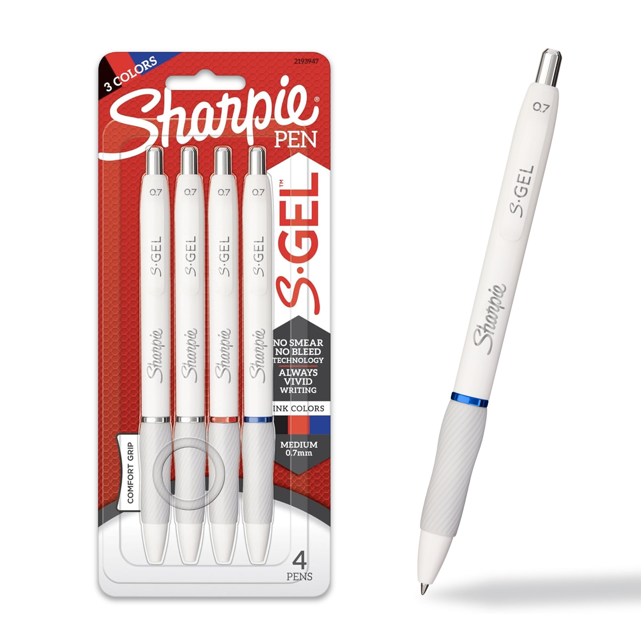Sharpie S-Gel, Gel Pens, Medium Point (0.7mm), Black, Red and Blue Gel Ink Pens, 4 Count
