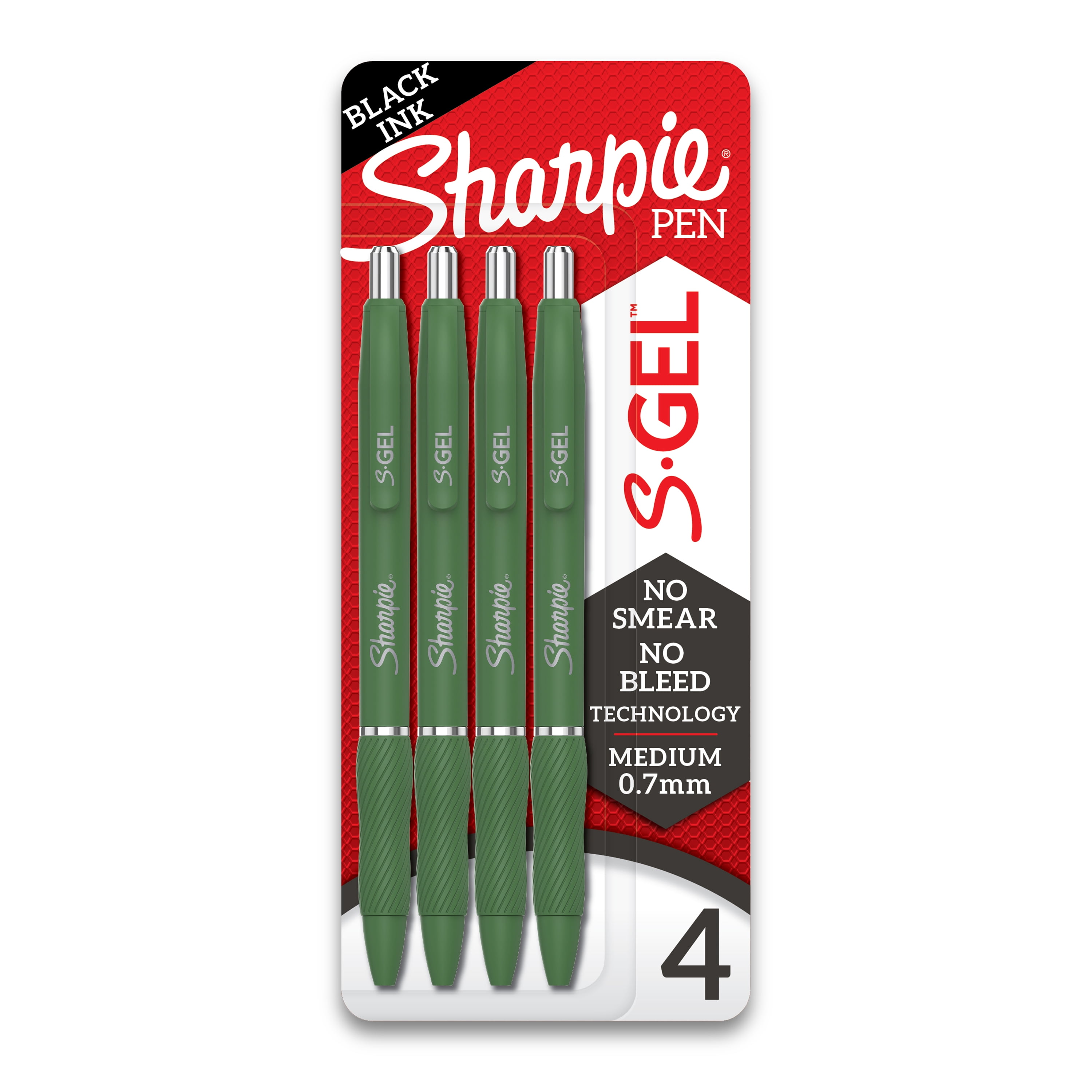 Sharpie SGel, Gel Pens, Medium Point (0.7mm), Green Barrel, Black Ink, 4 Count