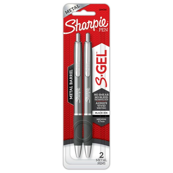Sharpie S-Gel, Gel Pens, Sleek Metal Barrel, Gunmetal, Medium Point (0.7mm), Black Ink, 2 Count