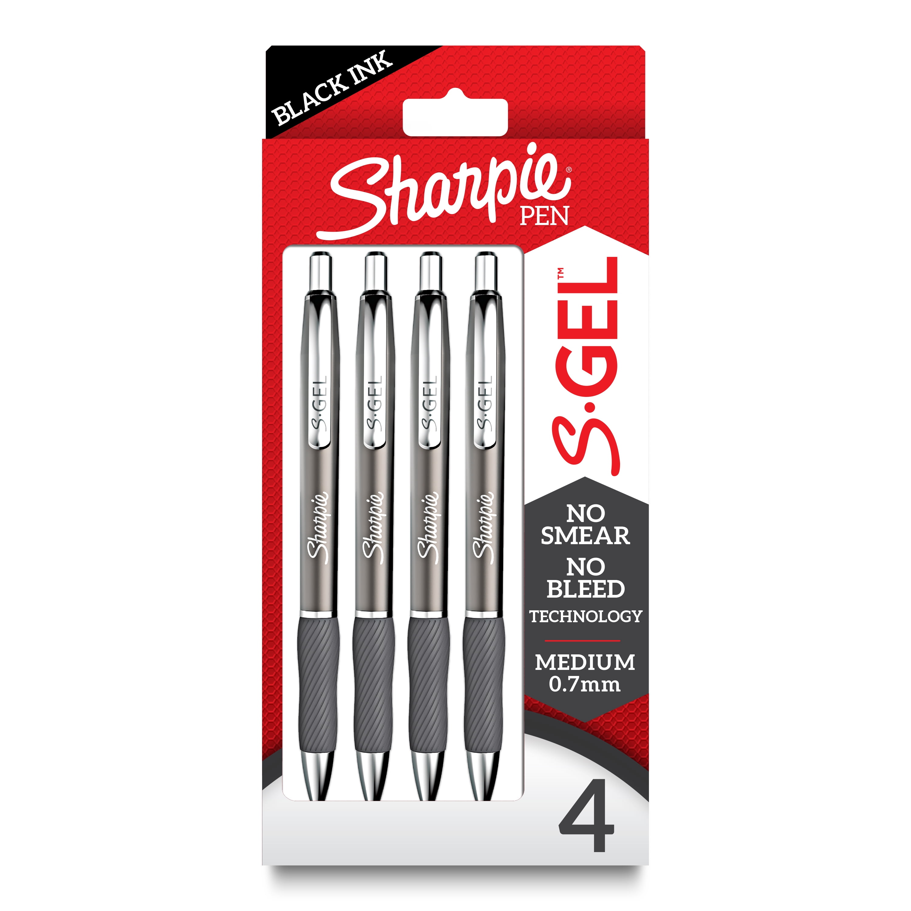 Sharpie S-Gel, Gel Pens, Sleek Metal Barrel, Medium Point (0.7mm), Black Ink, 4 Count