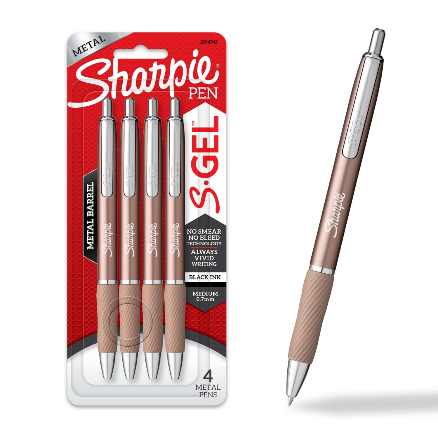 Sharpie S-Gel, Gel Pens, Sleek Metal Barrel, Champagne, Medium Point (0.7mm), Black Ink, 4 Count