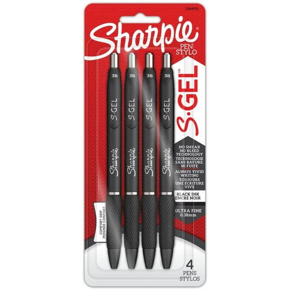 Sharpie S-Gel, Gel Pens, Ultra Fine Point (0.38 mm), Black, 4 Count
