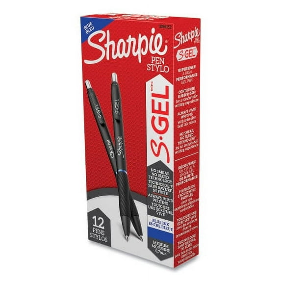 Sharpie S-Gel High-Performance Gel Pen, Retractable, Medium 0.7 mm, Blue Ink, Black Barrel, Dozen